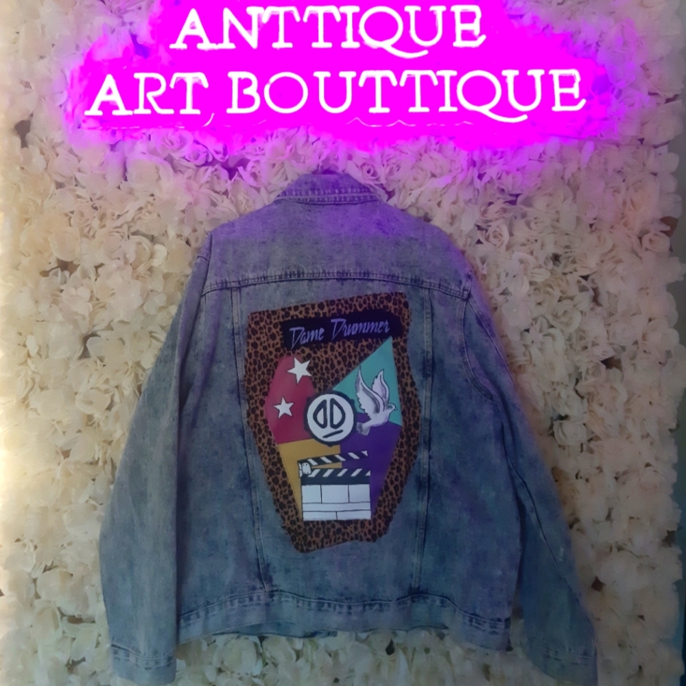 SOLD: Custom denim jacket with fabric and canvas design @AnttonioDesigns IG